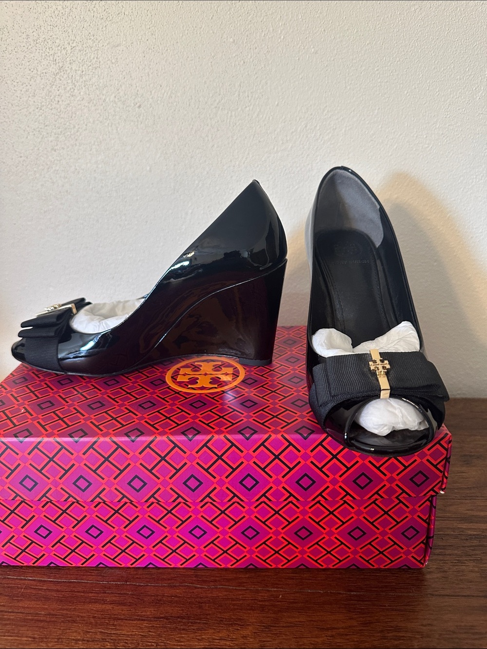 Tory Burch Black Patent Wedge Pumps with Grosgrain Bow and Gold Logo